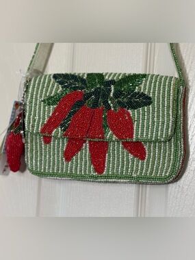 Beaded Red Chili Accent Shoulder Bag - Green & Red